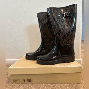 Michael Kors Black and Brown MK Logo Rain Boots